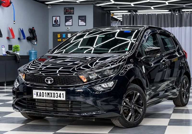 Black hatchback with UltrashieldX nano ceramic sun film on its windows